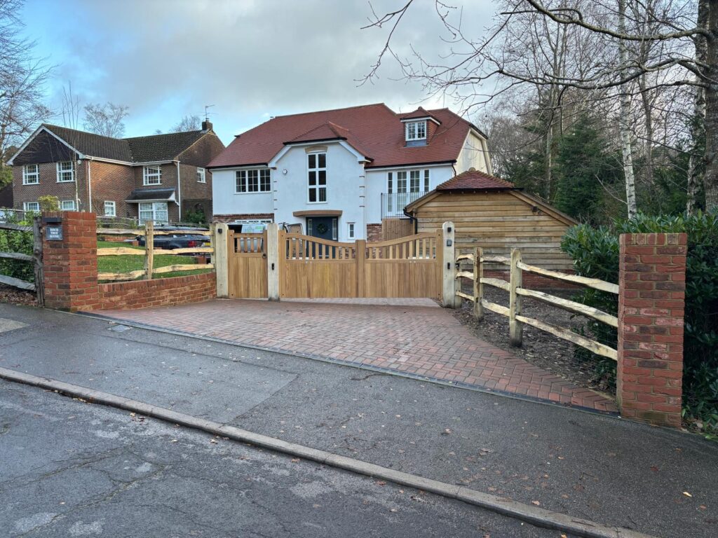 Iroko Hardwood Gates with Chestnut Fencing in Langton Green